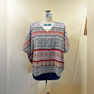 Liz Claiborne White/Black/Red/Yellow Patterned Striped Short Sleeve VNeck Blouse